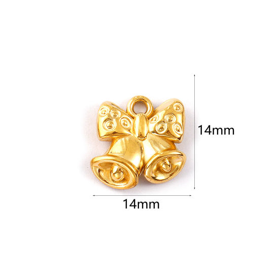 Изображение 1 Piece Eco-friendly PVD Vacuum Plating 304 Stainless Steel Charms 18K Real Gold Plated Christmas Jingle Bell Bowknot 14mm x 14mm