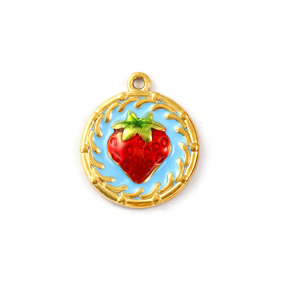 1 Piece Eco-friendly PVD Vacuum Plating 304 Stainless Steel Charms 18K Real Gold Plated Multicolor Enamel Round Strawberry Fruit 24mm x 20mm の画像