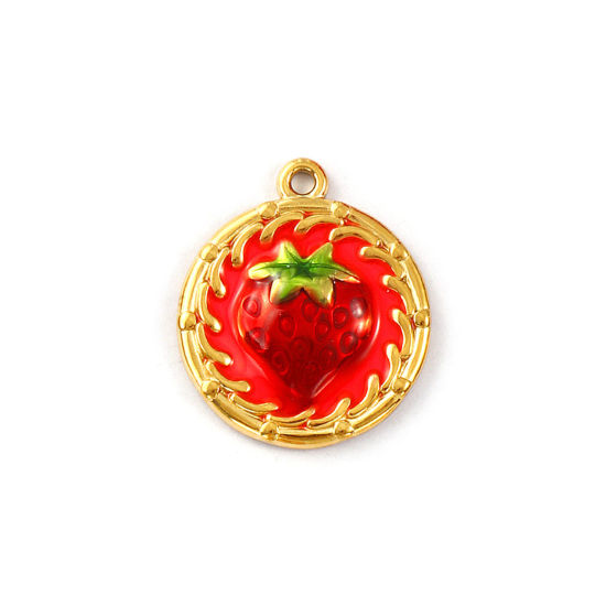 1 Piece Eco-friendly PVD Vacuum Plating 304 Stainless Steel Charms 18K Real Gold Plated Red Enamel Round Strawberry Fruit 24mm x 20mm の画像