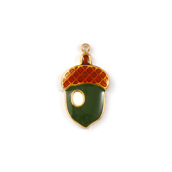 1 Piece Eco-friendly PVD Vacuum Plating 304 Stainless Steel Charms 18K Real Gold Plated Dark Green Enamel Acorn 22mm x 12mm の画像