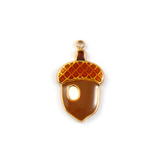 1 Piece Eco-friendly PVD Vacuum Plating 304 Stainless Steel Charms 18K Real Gold Plated Brown Enamel Acorn 22mm x 12mm の画像