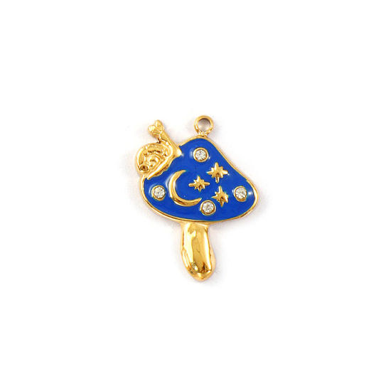 1 Piece Eco-friendly PVD Vacuum Plating 304 Stainless Steel Charms 18K Real Gold Plated Dark Blue Enamel Mushroom Moon Micro Pave Clear Cubic Zirconia 20mm x 15mm の画像