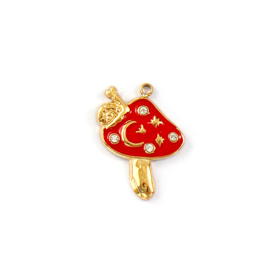 1 Piece Eco-friendly PVD Vacuum Plating 304 Stainless Steel Charms 18K Real Gold Plated Red Enamel Mushroom Moon Micro Pave Clear Cubic Zirconia 20mm x 15mm の画像