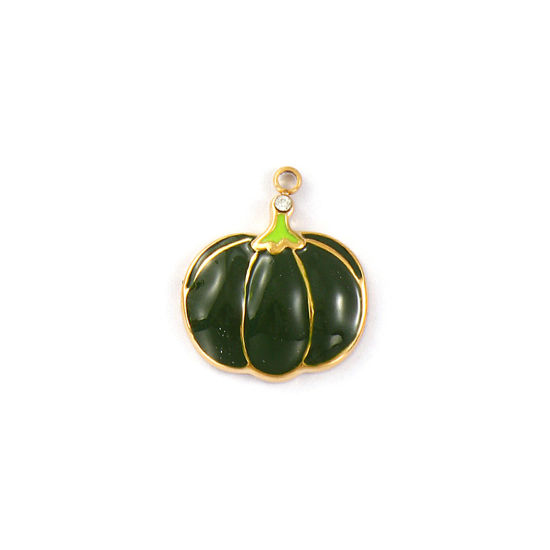 1 Piece Eco-friendly PVD Vacuum Plating 304 Stainless Steel Charms 18K Real Gold Plated Dark Green Enamel Pumpkin Clear Cubic Zirconia 18mm x 16mm の画像