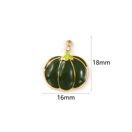 1 Piece Eco-friendly PVD Vacuum Plating 304 Stainless Steel Charms 18K Real Gold Plated Dark Green Enamel Pumpkin Clear Cubic Zirconia 18mm x 16mm の画像