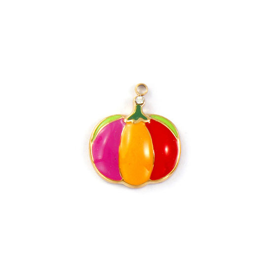1 Piece Eco-friendly PVD Vacuum Plating 304 Stainless Steel Charms 18K Real Gold Plated Multicolor Enamel Pumpkin Clear Cubic Zirconia 18mm x 16mm の画像