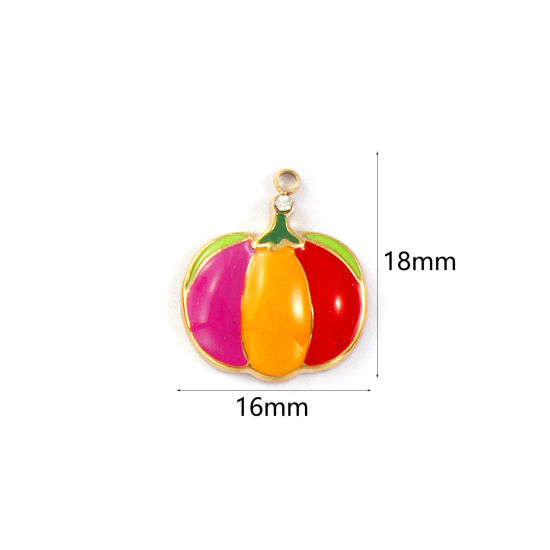 1 Piece Eco-friendly PVD Vacuum Plating 304 Stainless Steel Charms 18K Real Gold Plated Multicolor Enamel Pumpkin Clear Cubic Zirconia 18mm x 16mm の画像