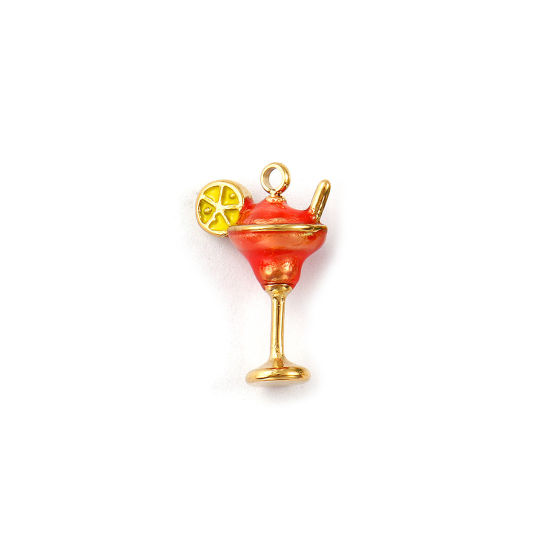 Picture of 1 Piece Eco-friendly PVD Vacuum Plating 304 Stainless Steel Charms 18K Real Gold Plated Orange Pink Enamel Wine Glass 3D 17mm x 11.5mm