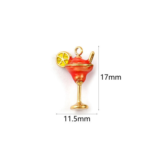 Picture of 1 Piece Eco-friendly PVD Vacuum Plating 304 Stainless Steel Charms 18K Real Gold Plated Orange Pink Enamel Wine Glass 3D 17mm x 11.5mm