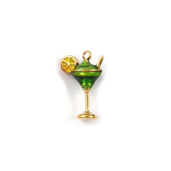 Picture of 1 Piece Eco-friendly PVD Vacuum Plating 304 Stainless Steel Charms 18K Real Gold Plated Green Enamel Wine Glass 3D 17mm x 11.5mm