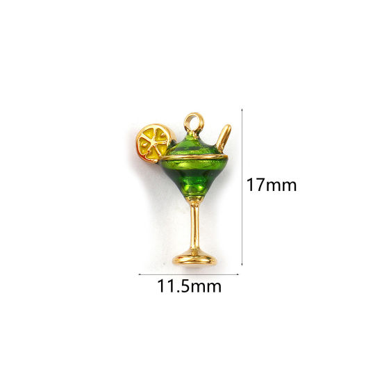 Picture of 1 Piece Eco-friendly PVD Vacuum Plating 304 Stainless Steel Charms 18K Real Gold Plated Green Enamel Wine Glass 3D 17mm x 11.5mm