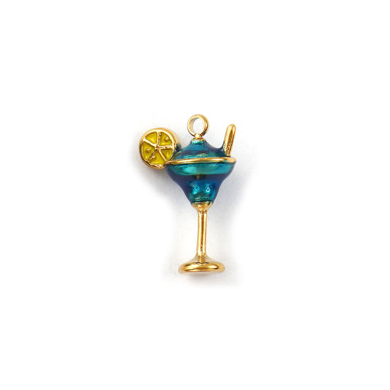 Picture of 1 Piece Eco-friendly PVD Vacuum Plating 304 Stainless Steel Charms 18K Real Gold Plated Lake Blue Enamel Wine Glass 3D 17mm x 11.5mm