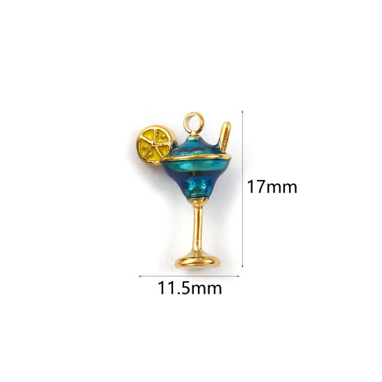 Picture of 1 Piece Eco-friendly PVD Vacuum Plating 304 Stainless Steel Charms 18K Real Gold Plated Lake Blue Enamel Wine Glass 3D 17mm x 11.5mm