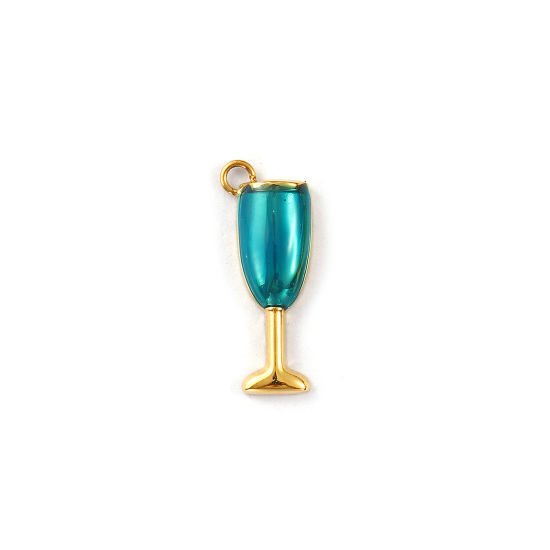 Picture of 1 Piece Eco-friendly PVD Vacuum Plating 304 Stainless Steel Charms 18K Real Gold Plated Lake Blue Enamel Wine Glass 19mm x 7.5mm