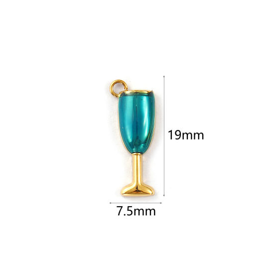 Picture of 1 Piece Eco-friendly PVD Vacuum Plating 304 Stainless Steel Charms 18K Real Gold Plated Lake Blue Enamel Wine Glass 19mm x 7.5mm