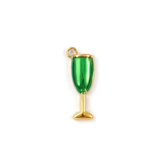 Picture of 1 Piece Eco-friendly PVD Vacuum Plating 304 Stainless Steel Charms 18K Real Gold Plated Green Enamel Wine Glass 19mm x 7.5mm