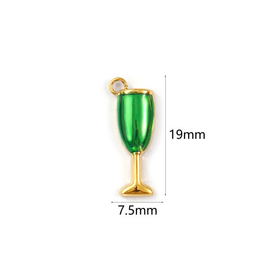 Picture of 1 Piece Eco-friendly PVD Vacuum Plating 304 Stainless Steel Charms 18K Real Gold Plated Green Enamel Wine Glass 19mm x 7.5mm