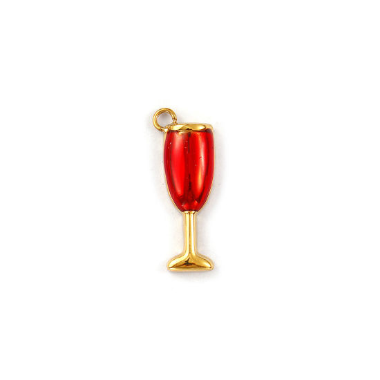 Picture of 1 Piece Eco-friendly PVD Vacuum Plating 304 Stainless Steel Charms 18K Real Gold Plated Red Enamel Wine Glass 19mm x 7.5mm