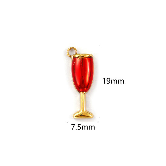 Picture of 1 Piece Eco-friendly PVD Vacuum Plating 304 Stainless Steel Charms 18K Real Gold Plated Red Enamel Wine Glass 19mm x 7.5mm