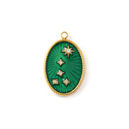 Picture of 1 Piece Eco-friendly PVD Vacuum Plating Waterproof Anti-Tarnish Hypoallergenic 304 Stainless Steel Galaxy Charms 18K Real Gold Plated Green Enamel Oval Star Micro Pave Clear Cubic Zirconia 21mm x 13.5mm