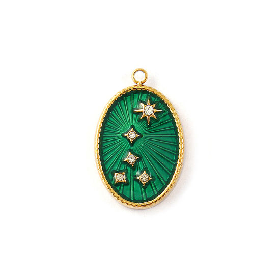 Изображение 1 Piece Eco-friendly PVD Vacuum Plating 304 Stainless Steel Galaxy Charms 18K Real Gold Plated Green Enamel Oval Star Micro Pave Clear Cubic Zirconia 21mm x 13.5mm