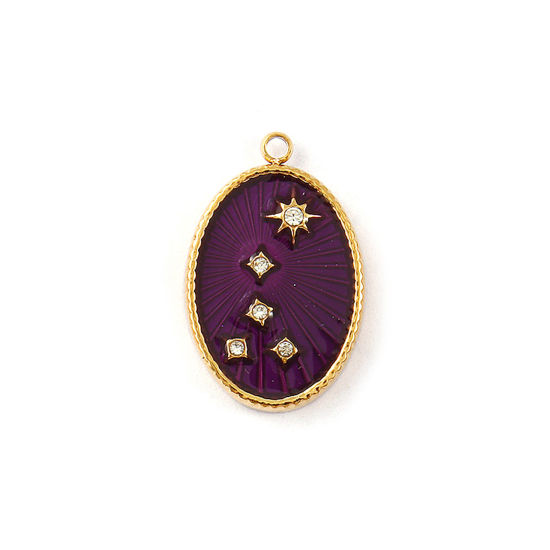 Изображение 1 Piece Eco-friendly PVD Vacuum Plating 304 Stainless Steel Galaxy Charms 18K Real Gold Plated Dark Purple Enamel Oval Star Micro Pave Clear Cubic Zirconia 21mm x 13.5mm