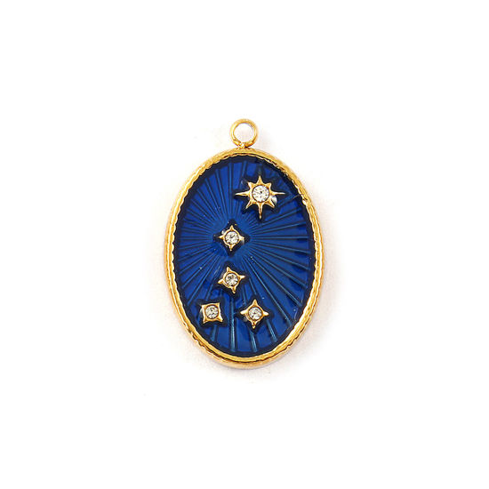 Изображение 1 Piece Eco-friendly PVD Vacuum Plating 304 Stainless Steel Galaxy Charms 18K Real Gold Plated Dark Blue Enamel Oval Star Micro Pave Clear Cubic Zirconia 21mm x 13.5mm