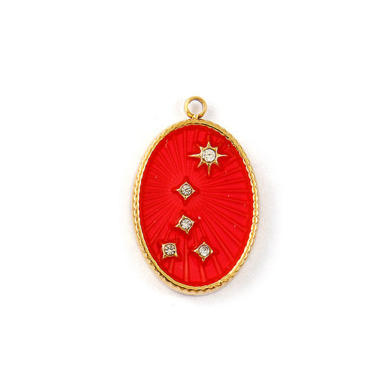 Изображение 1 Piece Eco-friendly PVD Vacuum Plating 304 Stainless Steel Galaxy Charms 18K Real Gold Plated Red Enamel Oval Star Micro Pave Clear Cubic Zirconia 21mm x 13.5mm