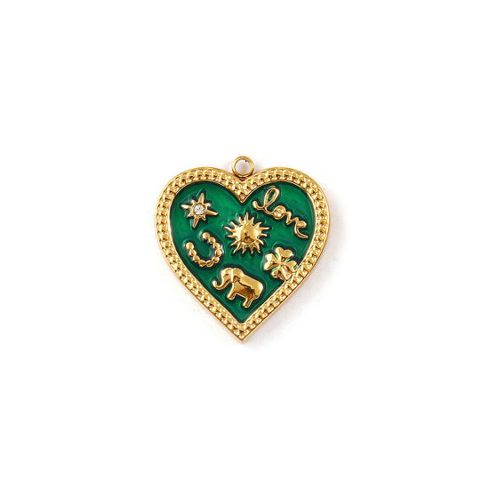Изображение 1 Piece Eco-friendly PVD Vacuum Plating 304 Stainless Steel Valentine's Day Charms 18K Real Gold Plated Green Enamel Heart Sun Message " LOVE " Micro Pave Clear Cubic Zirconia 20mm x 19mm