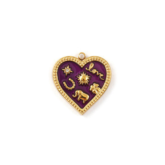 Изображение 1 Piece Eco-friendly PVD Vacuum Plating 304 Stainless Steel Valentine's Day Charms 18K Real Gold Plated Dark Purple Enamel Heart Sun Message " LOVE " Micro Pave Clear Cubic Zirconia 20mm x 19mm