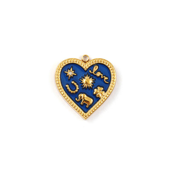 Изображение 1 Piece Eco-friendly PVD Vacuum Plating 304 Stainless Steel Valentine's Day Charms 18K Real Gold Plated Dark Blue Enamel Heart Sun Message " LOVE " Micro Pave Clear Cubic Zirconia 20mm x 19mm