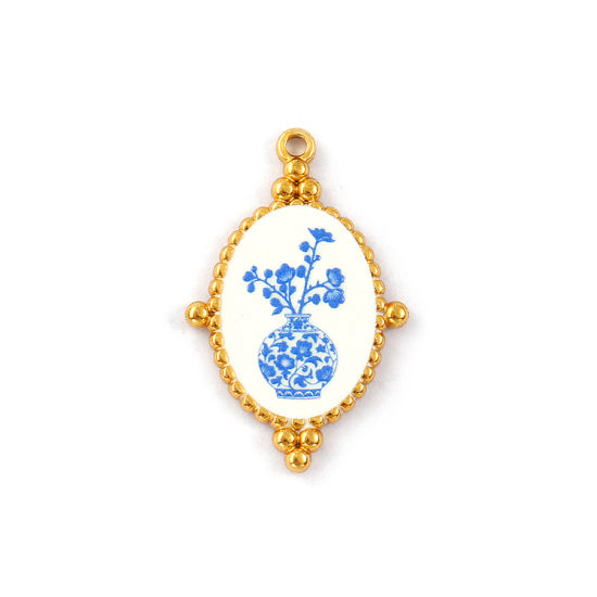2 PCs Eco-friendly PVD Vacuum Plating 304 Stainless Steel Pendants 18K Real Gold Plated Blue Oval Plum Flower Printed 3.2cm x 2.1cm の画像