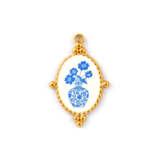 2 PCs Eco-friendly PVD Vacuum Plating 304 Stainless Steel Pendants 18K Real Gold Plated Blue Oval Cosmos Flower Printed 3.2cm x 2.1cm の画像