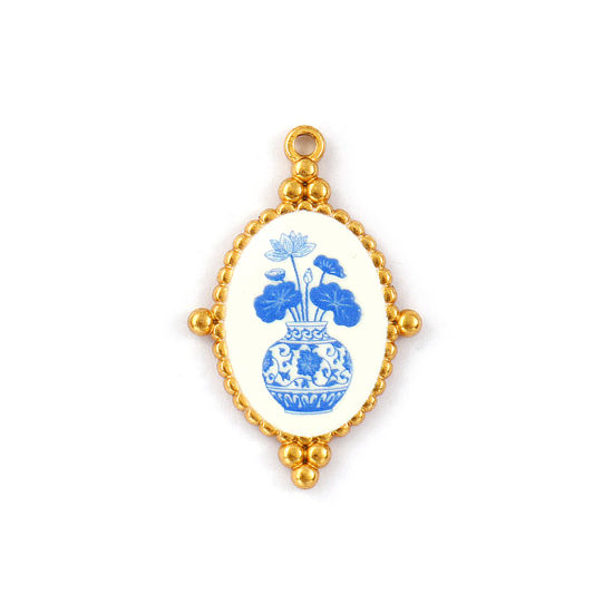 2 PCs Eco-friendly PVD Vacuum Plating 304 Stainless Steel Pendants 18K Real Gold Plated Blue Oval Lotus Flower Printed 3.2cm x 2.1cm の画像
