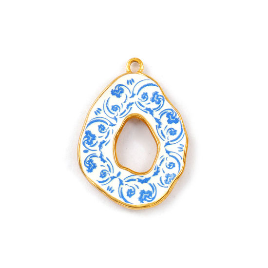 Изображение 2 PCs Eco-friendly PVD Vacuum Plating 304 Stainless Steel Pendants 18K Real Gold Plated Blue Drop Flower Printed 3.5cm x 2.5cm
