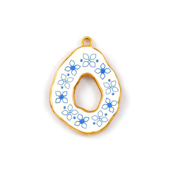 Изображение 2 PCs Eco-friendly PVD Vacuum Plating 304 Stainless Steel Pendants 18K Real Gold Plated Blue Drop Flower Printed 3.5cm x 2.5cm