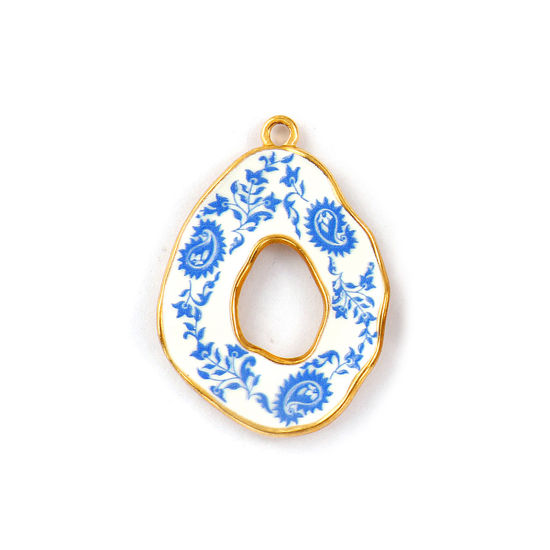 Изображение 2 PCs Eco-friendly PVD Vacuum Plating 304 Stainless Steel Pendants 18K Real Gold Plated Blue Drop Paisely Printed 3.5cm x 2.5cm