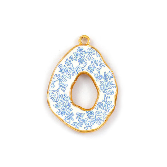 Изображение 2 PCs Eco-friendly PVD Vacuum Plating 304 Stainless Steel Pendants 18K Real Gold Plated Blue Drop Flower Printed 3.5cm x 2.5cm