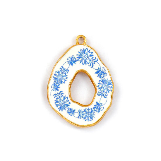 Изображение 2 PCs Eco-friendly PVD Vacuum Plating 304 Stainless Steel Pendants 18K Real Gold Plated Blue Drop Flower Printed 3.5cm x 2.5cm