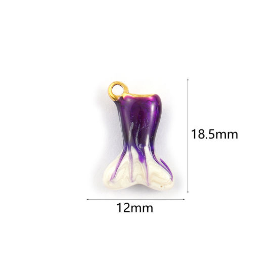 Picture of 2 PCs Eco-friendly PVD Vacuum Plating 304 Stainless Steel Charms 18K Real Gold Plated Purple Enamel Fishtail Pearlized 18.5mm x 12mm
