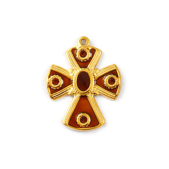 Изображение 1 Piece Eco-friendly PVD Vacuum Plating 304 Stainless Steel Religious Pendants 18K Real Gold Plated Brown Enamel Cross Brown Rhinestone 3cm x 2.4cm