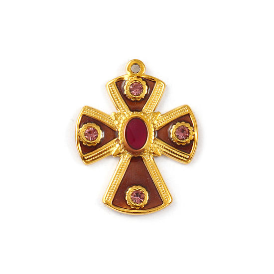 Изображение 1 Piece Eco-friendly PVD Vacuum Plating 304 Stainless Steel Religious Pendants 18K Real Gold Plated Puce Enamel Cross Purple Rhinestone 3cm x 2.4cm