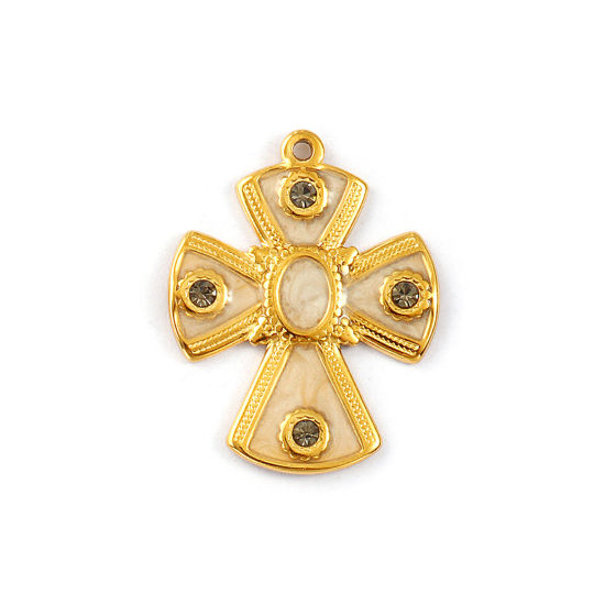 Изображение 1 Piece Eco-friendly PVD Vacuum Plating 304 Stainless Steel Religious Pendants 18K Real Gold Plated Beige Enamel Cross Olive Green Rhinestone 3cm x 2.4cm