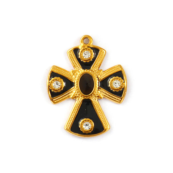 Изображение 1 Piece Eco-friendly PVD Vacuum Plating 304 Stainless Steel Religious Pendants 18K Real Gold Plated Black Enamel Cross Clear Rhinestone 3cm x 2.4cm