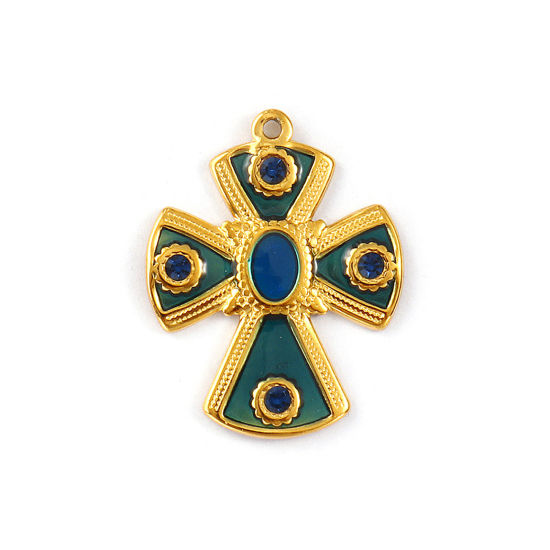 Изображение 1 Piece Eco-friendly PVD Vacuum Plating 304 Stainless Steel Religious Pendants 18K Real Gold Plated Green Enamel Cross Dark Blue Rhinestone 3cm x 2.4cm
