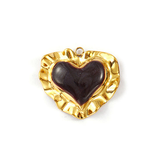 Изображение 1 Piece Eco-friendly PVD Vacuum Plating 304 Stainless Steel Valentine's Day Pendants 18K Real Gold Plated Coffee Enamel Heart Pearlized 3cm x 2.7cm