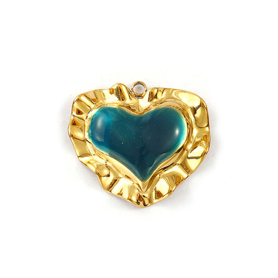 Изображение 1 Piece Eco-friendly PVD Vacuum Plating 304 Stainless Steel Valentine's Day Pendants 18K Real Gold Plated Dark Green Enamel Heart 3cm x 2.7cm