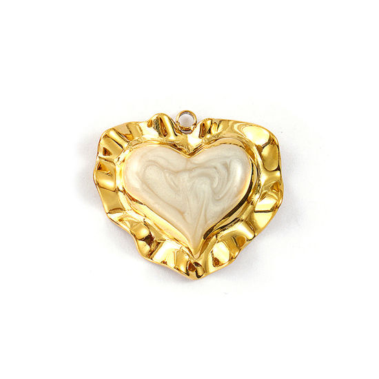 Изображение 1 Piece Eco-friendly PVD Vacuum Plating 304 Stainless Steel Valentine's Day Pendants 18K Real Gold Plated Grey Beige Enamel Heart Pearlized 3cm x 2.7cm