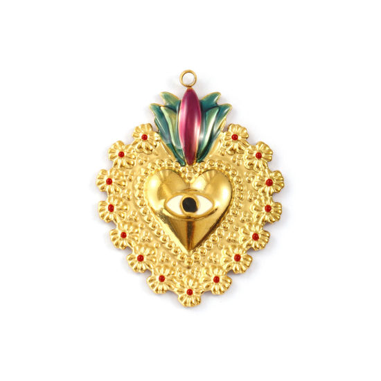 Изображение 1 Piece Eco-friendly PVD Vacuum Plating 304 Stainless Steel Religious Pendants 18K Real Gold Plated Multicolor Enamel Ex Voto Heart Eye 5.3cm x 4.1cm