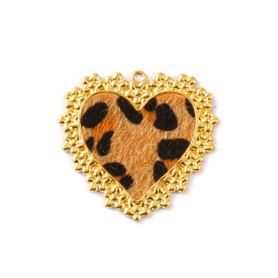 Immagine di 1 Pz Placcatura Sottovuoto PVD Ecologica Acciaio Inossidabile & Similpelle San Valentino Ciondoli Pendenti 18K Vero Oro Placcato Marrone Chiaro Cuore Leopardo 5cm x 4.8cm